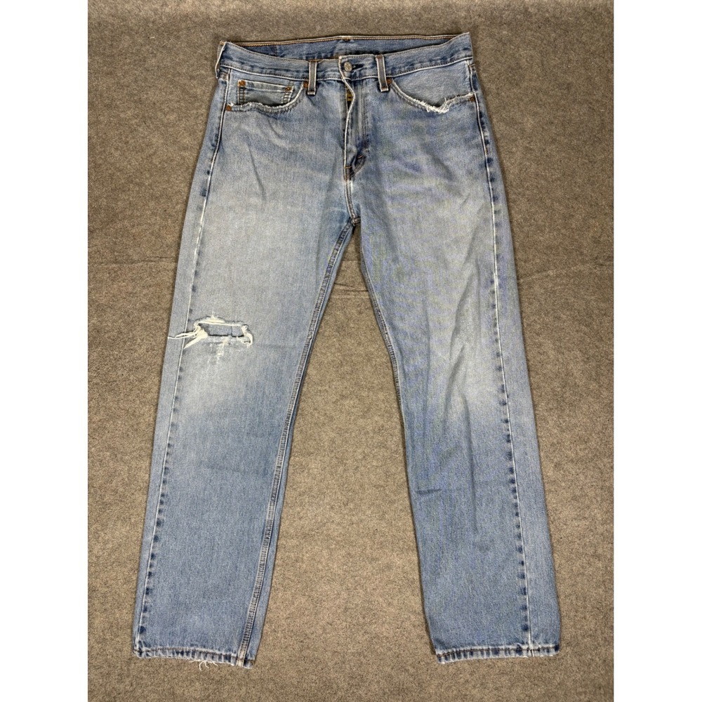 Levis 505 Regular Fit Straight Leg Light Wash Distressed Blue Jeans Mens 35x32